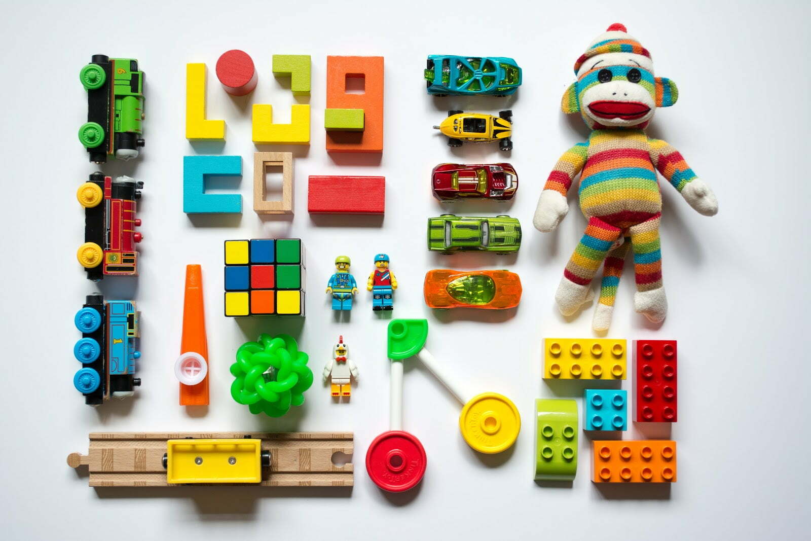 a toy figure with many different colored blocks
