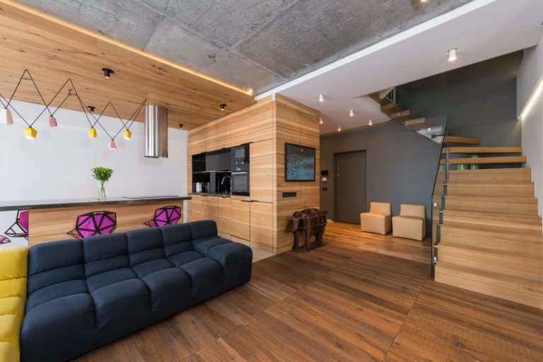 a living room with a wood floor