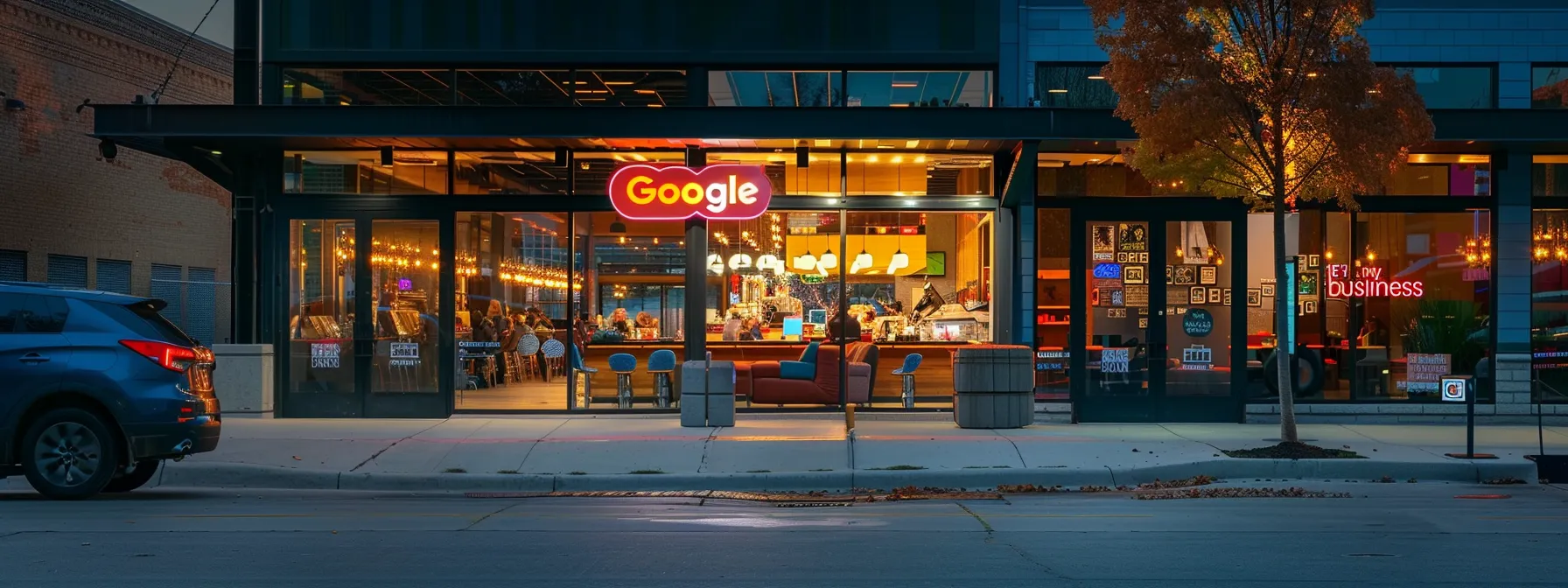 a vibrant storefront with a prominent "google my business" logo displayed.