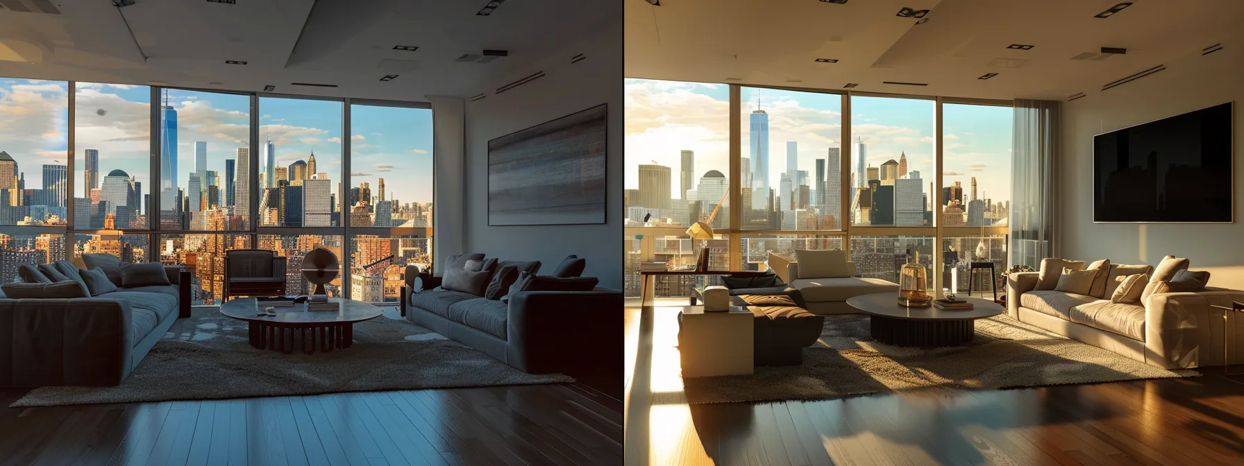 a modern, spacious living room with sleek furniture and large windows showcasing the new york city skyline.