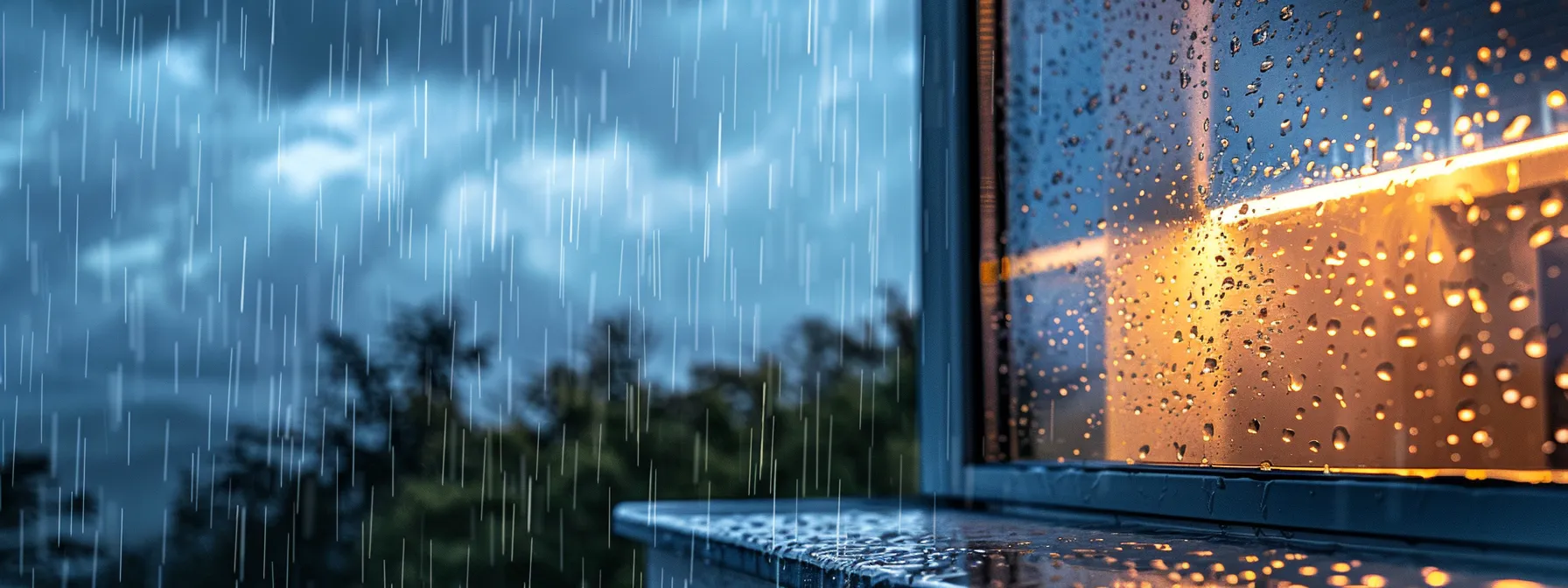 a modern, sturdy window withstanding a fierce storm, rain lashing against its crystal-clear glass panes.