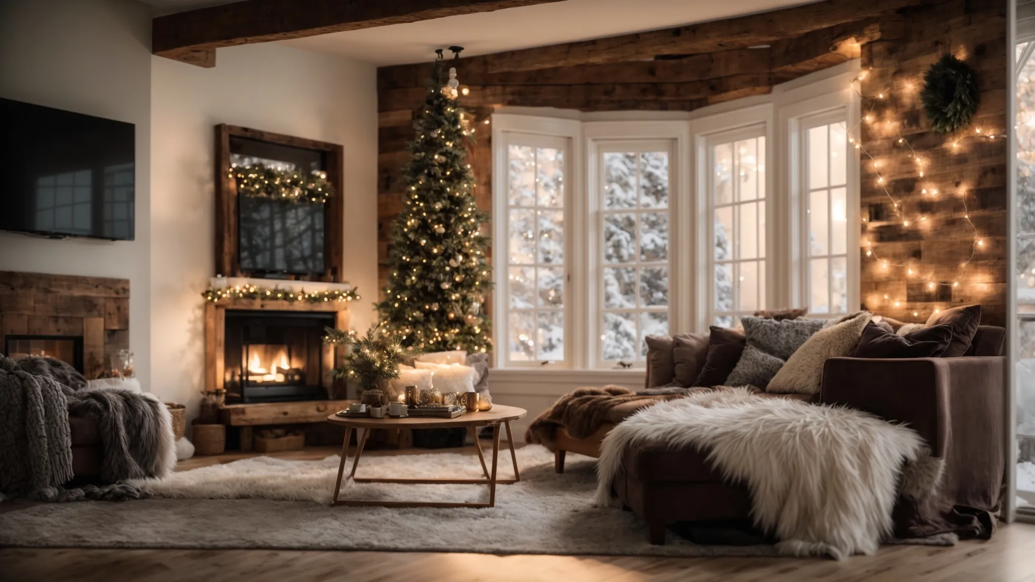 a cozy living room adorned with plush fur throws, twinkling fairy lights, and rustic wooden accents, showcasing the latest east coast winter home decor trends.