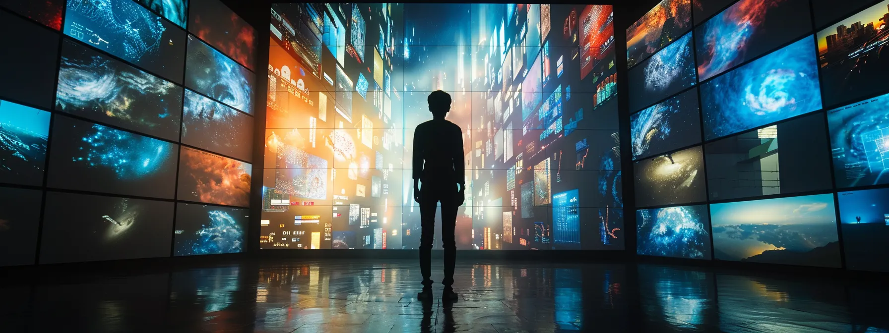 a person standing confidently in front of a towering wall of digital screens displaying personal data.