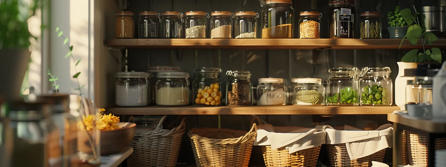 a sleek, organized kitchen pantry filled with labeled jars, baskets, and shelves to maximize storage space.