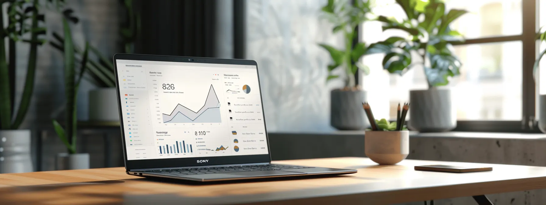 a bright, modern office desk with a sleek laptop displaying a successful seo strategy on the screen.