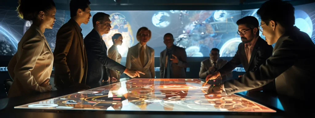 a diverse group of professionals gathered around a futuristic virtual worktable, animatedly discussing ideas and strategies for business success.