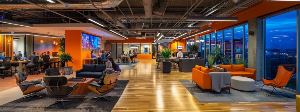 a modern office workspace bustling with activity as employees seamlessly collaborate and utilize automation tools to enhance workflow efficiency.