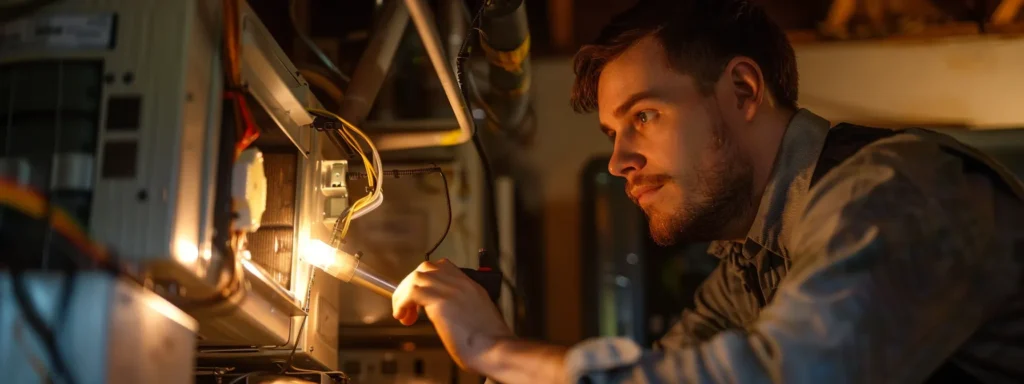 a professional hvac technician inspecting a furnace in a dimly lit phoenix home, highlighting the necessity of reliable hvac services in extreme weather conditions.