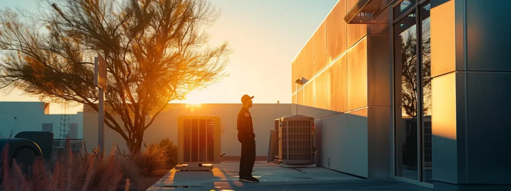 a professional technician conducting routine hvac maintenance on a sleek, modern commercial air conditioning unit in phoenix, ensuring optimal performance and energy efficiency year-round.