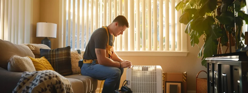 a skilled technician carefully installing a new air filter in a cozy living room, with a toolbox and high-quality equipment nearby, ensuring top-notch hvac service in phoenix.