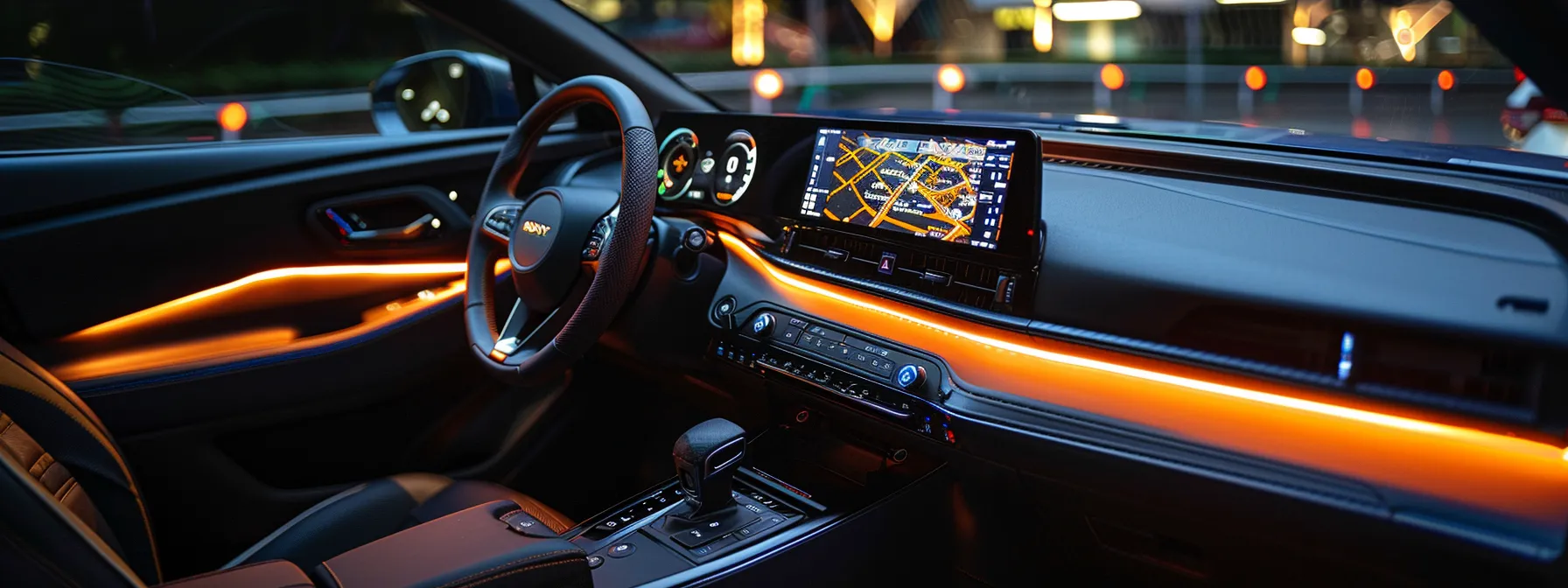 a sleek, modern car dashboard lit up with battery-powered indicators during testing.