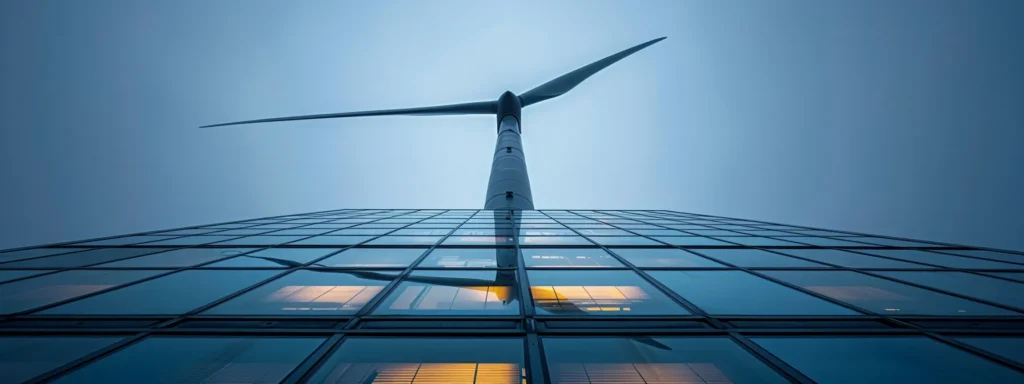 a sleek wind turbine towering above a modern office building, symbolizing the embrace of renewable energy and streamlined operations in business.