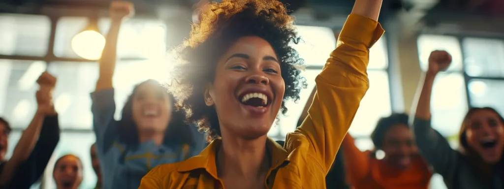 a determined individual celebrating a milestone achievement, surrounded by supportive colleagues, showcasing perseverance and success in the face of challenges.