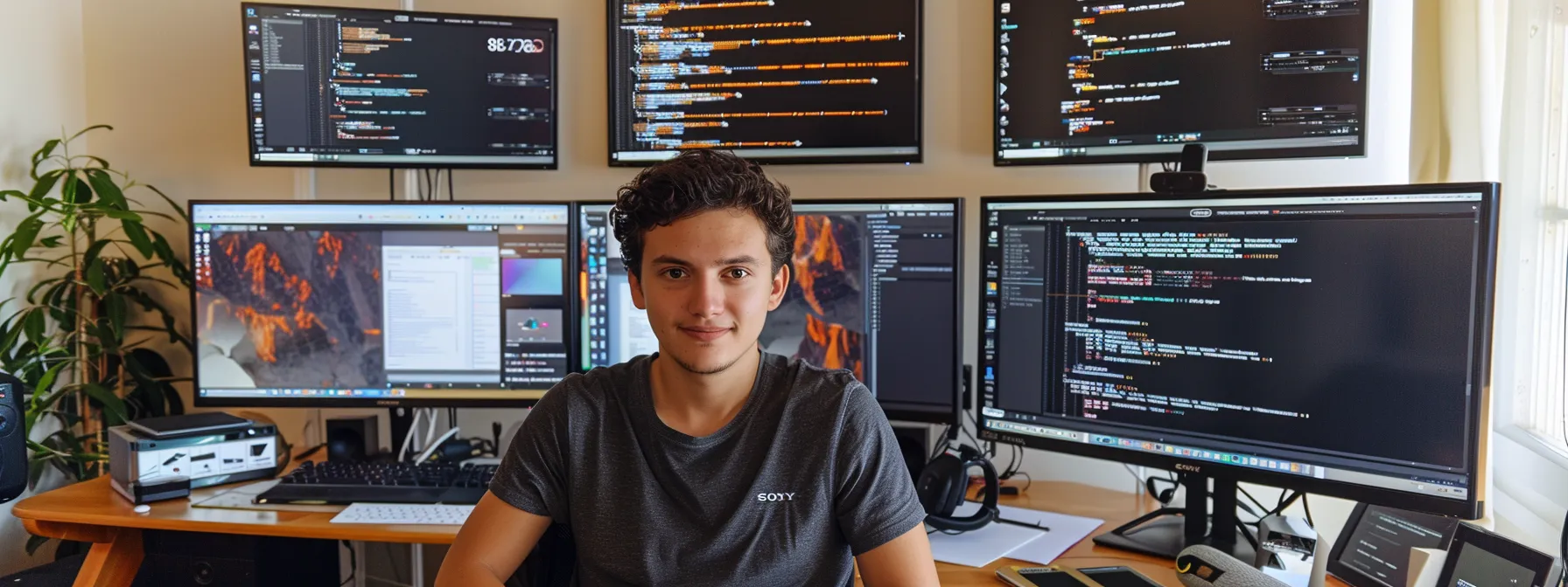 a focused and driven young founder, surrounded by multiple computer screens displaying lines of code and seo analytics, showcasing his expertise in the world of dev jobs.