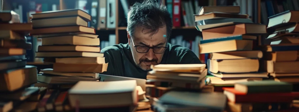 a focused individual surrounded by stacks of technical books and computers, meticulously assessing their current skills and knowledge for software development mastery.