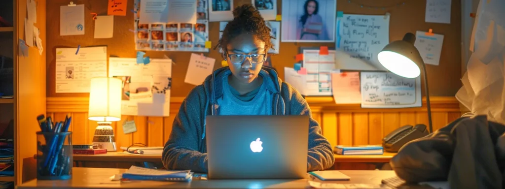 a focused learner sits at a desk with a laptop open to a microsoft ai certification course, surrounded by vision boards and goal-setting journals, displaying determination and purpose in their educational journey toward professional success.