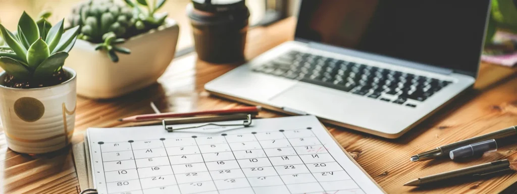 a neatly organized desk with a calendar, laptop, and study materials, showcasing a dedicated workspace for structured learning.