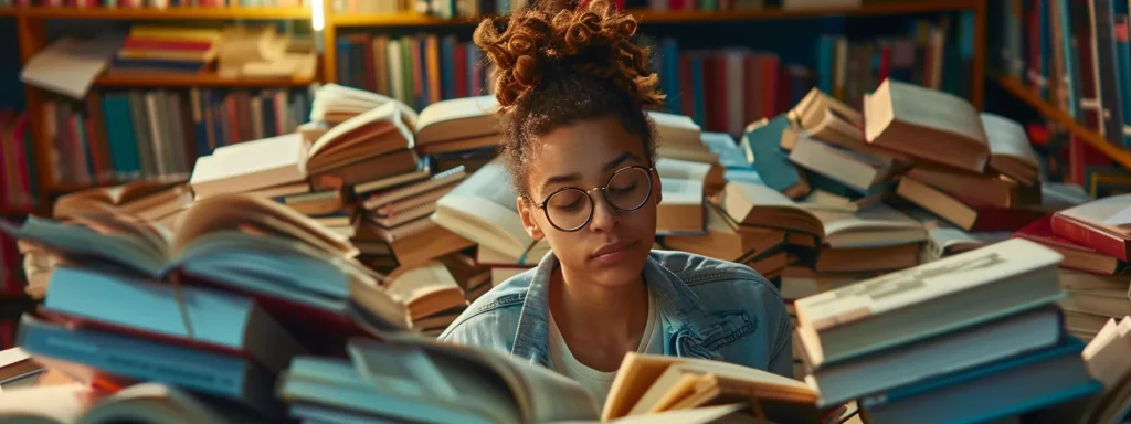a person surrounded by stacks of diverse educational books and online resources, highlighting the importance of choosing relevant materials for learning.