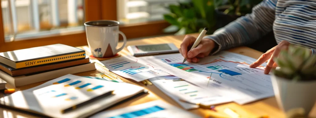 a focused individual reviewing a detailed progress chart while surrounded by tech-related books and resources.