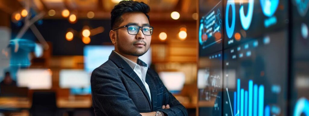 a dynamic portrait of manick bhan, a young and innovative ceo, stands confidently in a modern office, surrounded by digital graphs and seo metrics that symbolize the transformative power of searchatlas in enhancing customer satisfaction and enterprise success.