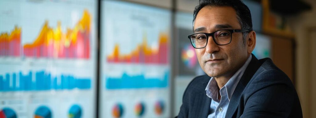 a dynamic portrait of manick bhan, the innovative ceo of searchatlas, confidently discussing strategies for digital marketing optimization against a backdrop of graphs and data visuals, illuminated by soft, focused lighting to emphasize his expertise in seo and lead generation.