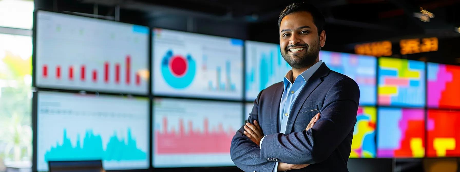 a dynamic portrait of manick bhan, the youthful ceo of searchatlas, confidently standing in an innovative office space, surrounded by digital screens displaying vibrant seo analytics, radiating a sense of leadership and expertise in the tech industry.