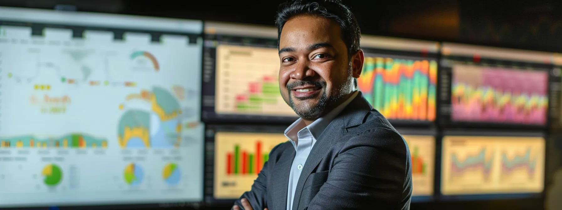 a focused portrait of manick bhan, the dynamic ceo of search atlas, surrounded by vibrant charts and graphs that visually represent seo strategies, illuminated by soft overhead lighting to emphasize his engaging expression and expertise in digital marketing.