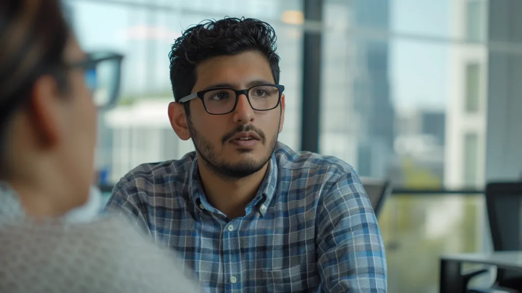 a dynamic and focused office scene capturing manick bhan, a young ceo and seo specialist, intently discussing local seo strategies with a vibrant digital marketing backdrop, illuminated by soft natural light filtering through large windows.