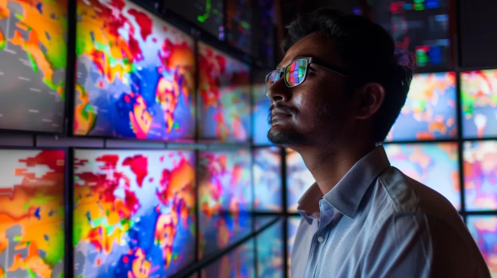 a dynamic workspace filled with vibrant digital analytics and local map visuals, showcasing manick bhan, a young ceo, intently analyzing seo strategies on multiple screens, illuminated by soft, focused lighting that enhances the atmosphere of innovation and expertise.