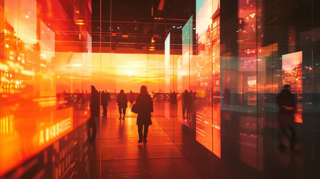 a futuristic urban landscape showcases vibrant digital screens displaying local search results, with dynamic elements representing artificial intelligence, voice search, and mobile optimization, all illuminated by a warm, inviting sunset glow.