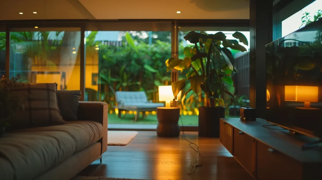 a modern, eco-friendly living room bathed in soft, ambient light from a sophisticated smart lighting system, showcasing a harmonious blend of comfort and cutting-edge technology.