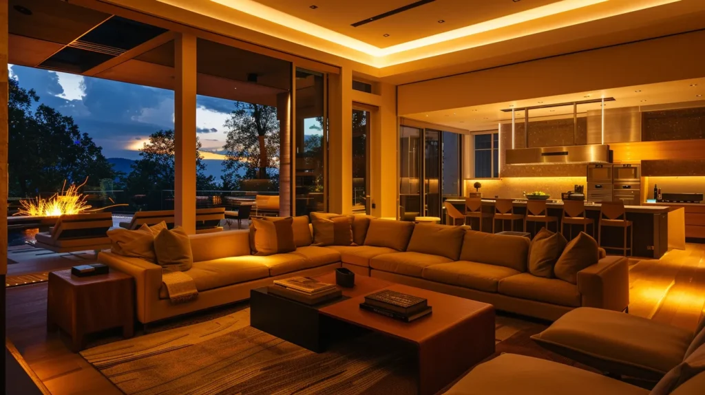 a modern, elegantly illuminated living room showcases smart lighting systems in action, casting a warm glow that enhances the room's comfort and efficiency while reflecting innovative design trends.