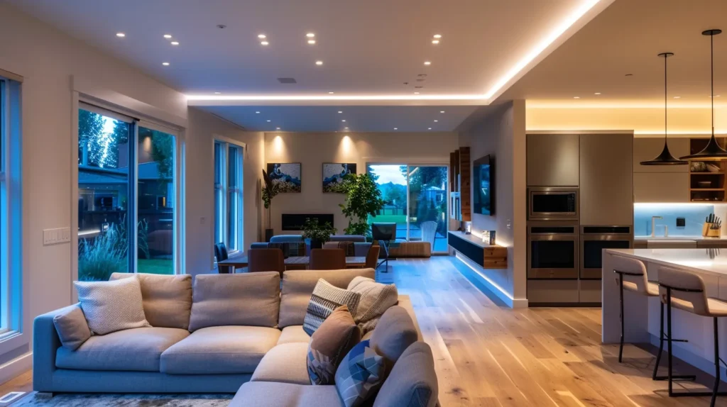 a modern, elegantly lit living room showcases a variety of smart lighting solutions, including sleek smart bulbs and ambient led strips, emphasizing the seamless integration of technology in home automation.
