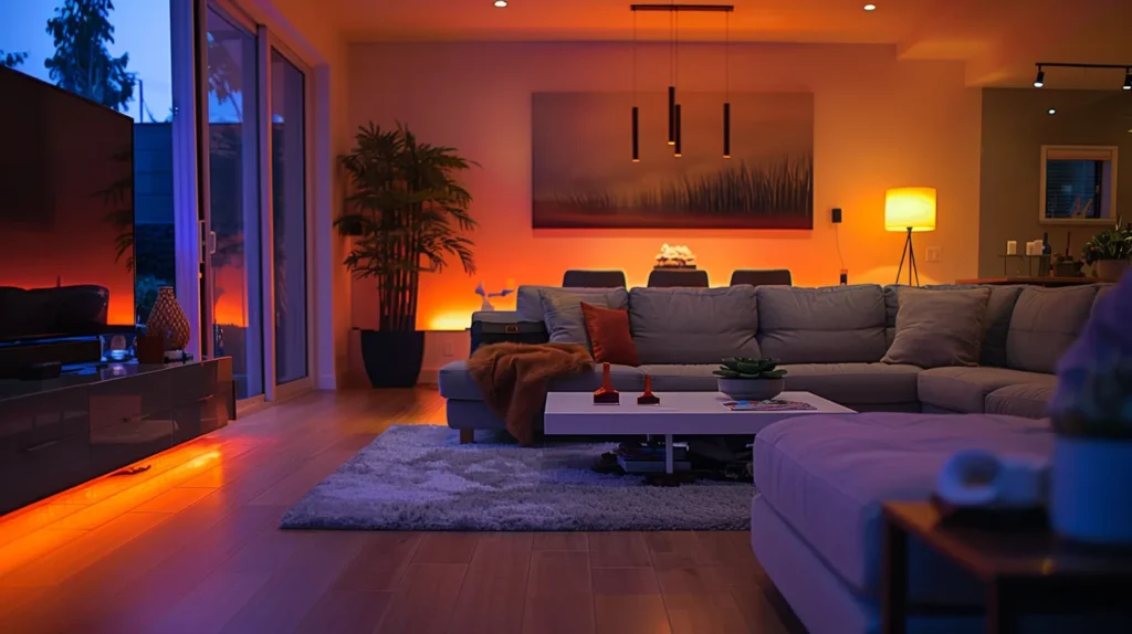 a modern living room bathed in warm, ambient smart lighting that dynamically adjusts with the natural light outside, showcasing a seamless integration of home automation technology that conveys comfort, efficiency, and sophistication.