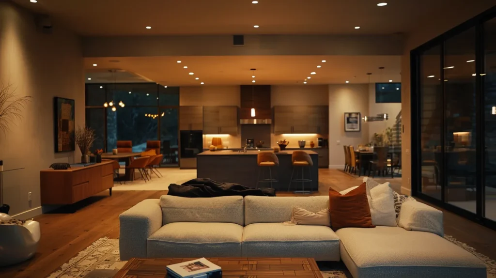 a modern living room bathed in warm, ambient smart lighting, showcasing sleek fixtures and adjustable zones that enhance the space's comfort and functionality while seamlessly integrating technology into home design.