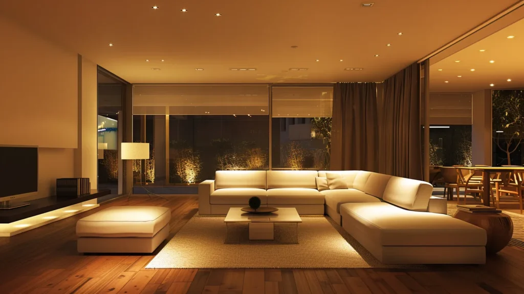 a serene living room bathed in warm, adjustable smart lighting creates a harmonious atmosphere, showcasing modern technology seamlessly integrated with comfortable decor to enhance comfort and energy efficiency.