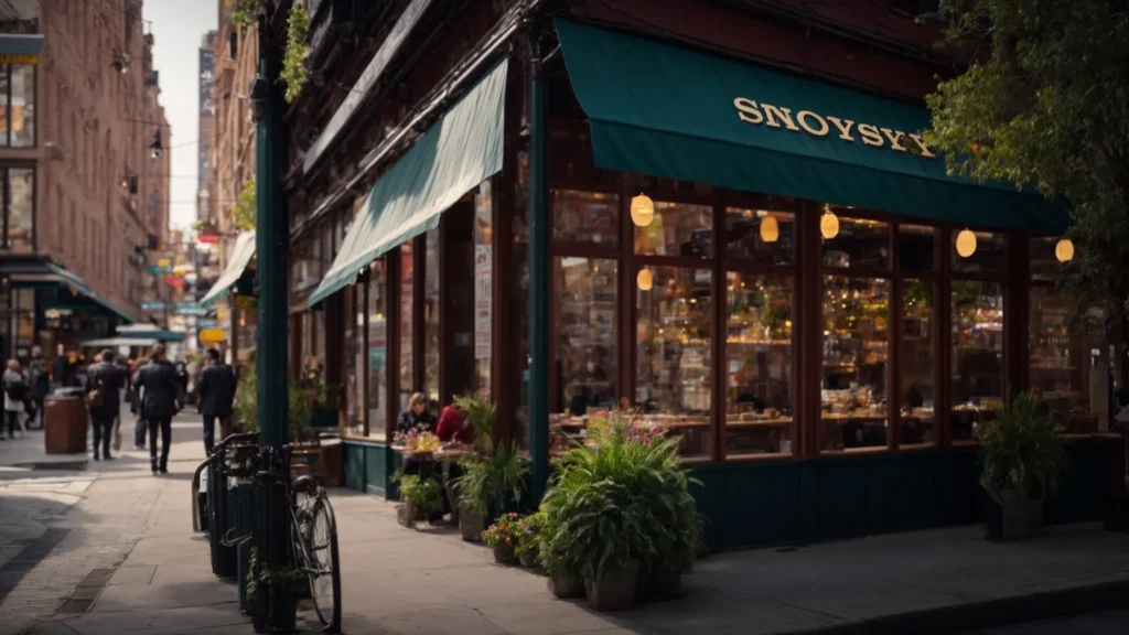 Urban street scene featuring a charming café with a green awning labeled "SNOYSKY," surrounded by pedestrians and lush plants, illustrating local business engagement in a vibrant neighborhood.