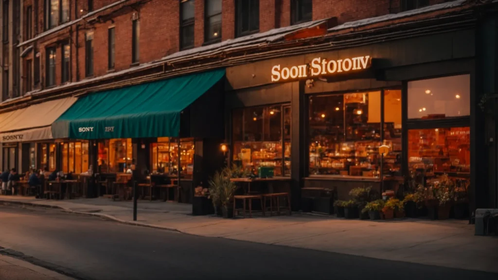 Urban street scene featuring a cozy restaurant with "Soon Storin" sign, outdoor seating, and warm lighting, illustrating local business atmosphere relevant to local SEO strategies.