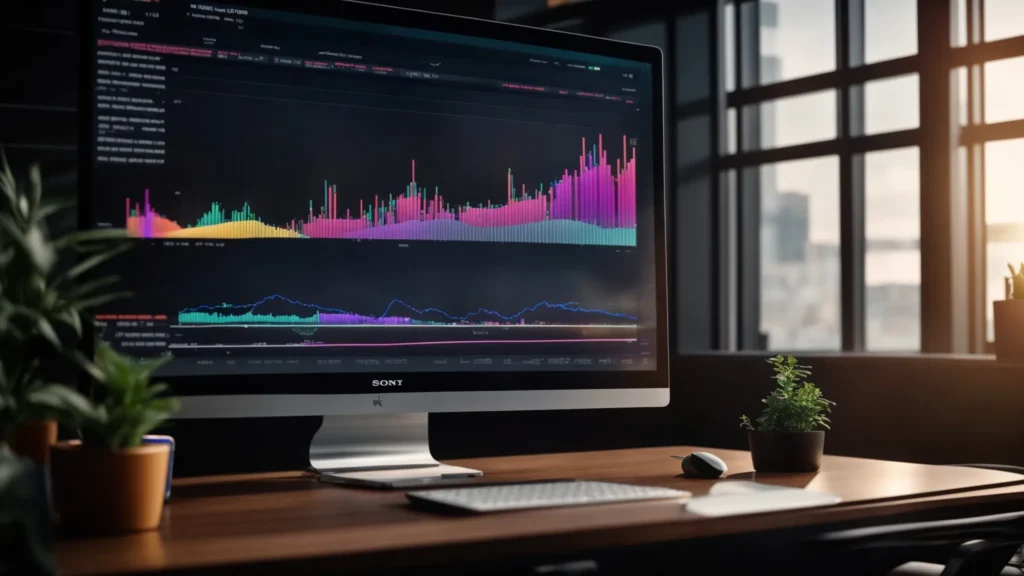 Modern desktop computer displaying colorful analytics graphs and charts, emphasizing local SEO performance metrics in a well-lit office setting.