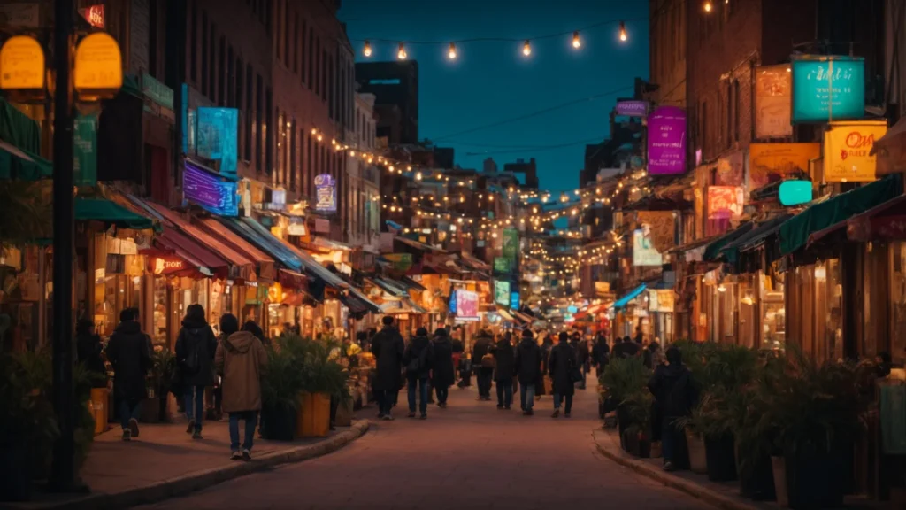Vibrant cityscape at dusk with illuminated storefronts and pedestrians, showcasing a lively atmosphere for local businesses and enhancing community engagement.