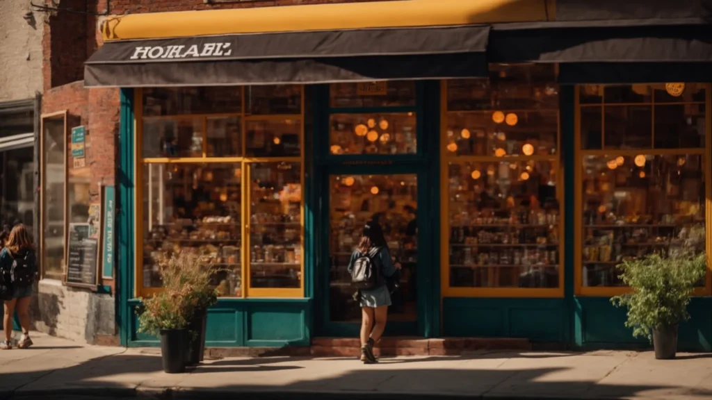 Vibrant local storefront with large windows displaying products, inviting atmosphere, and pedestrians walking by, emphasizing community engagement and local business visibility.