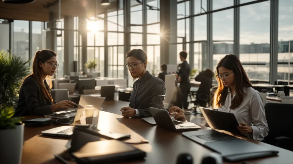 Modern office space with professionals collaborating on laptops, emphasizing productivity and teamwork in a vibrant environment.