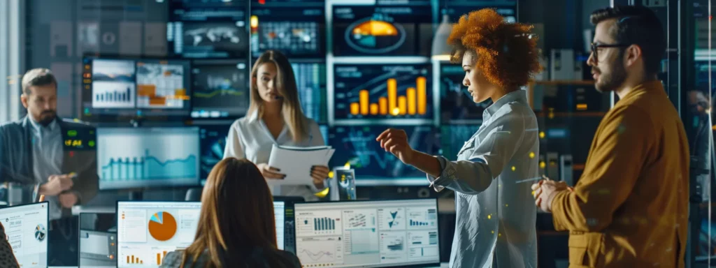 a modern office environment featuring a diverse group of professionals engaging with cutting-edge technology, showcasing dynamic graphs and metrics on sleek screens that illustrate skyrocketing seo productivity and efficiency gains.