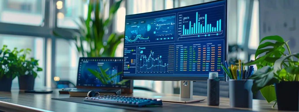 a modern office workspace features a sleek computer displaying a vibrant digital dashboard filled with seo analytics and optimization tools, emphasizing searchatlas's advanced brainstorming capabilities for enhancing anti-aging science websites.