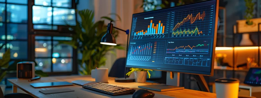 a modern office workspace with a sleek computer screen displaying vibrant graphics of seo analytics, illustrating a digital dashboard that highlights rapid ranking improvements and actionable insights, all under dramatic, focused lighting to emphasize innovation and success.