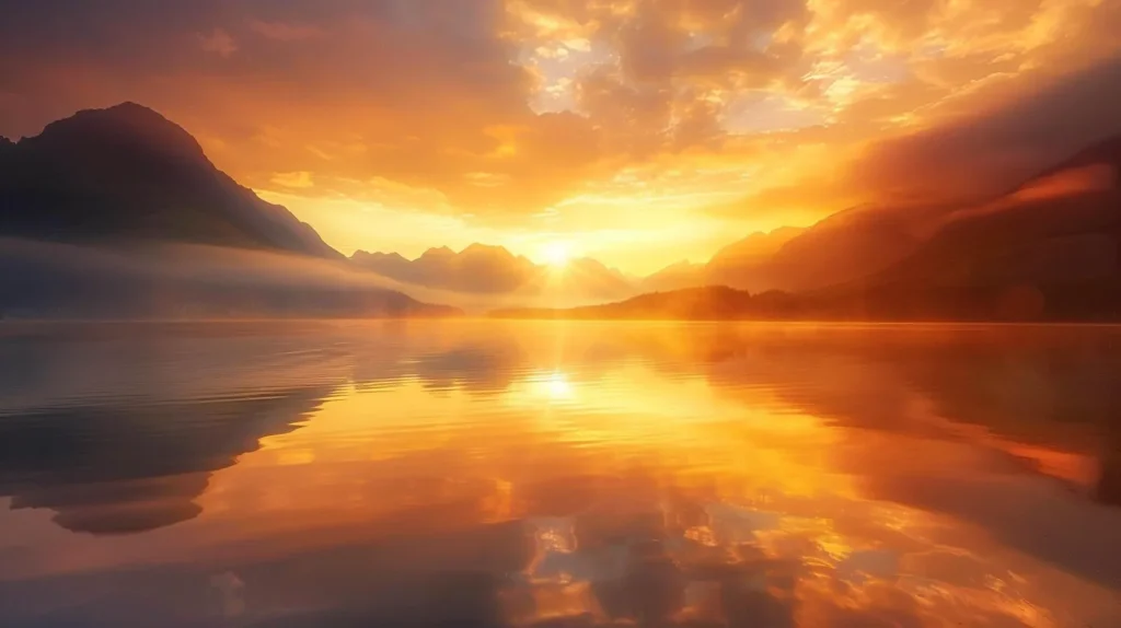 شروق الشمس الساطع فوق الجبال والبحيرة، يعكس الألوان الدافئة في السماء والماء، يرمز إلى تحسين تجربة المستخدم في استراتيجيات التسويق الرقمي.