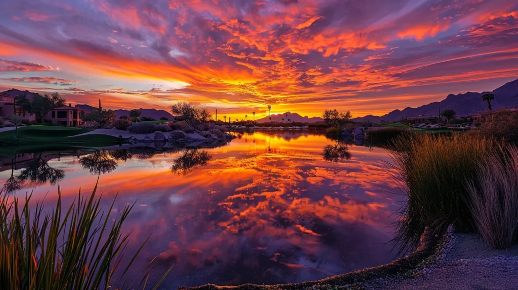 Radiant sunset over a tranquil lake, reflecting vibrant colors in the water, surrounded by lush vegetation and mountains, symbolizing digital marketing success and online visibility.