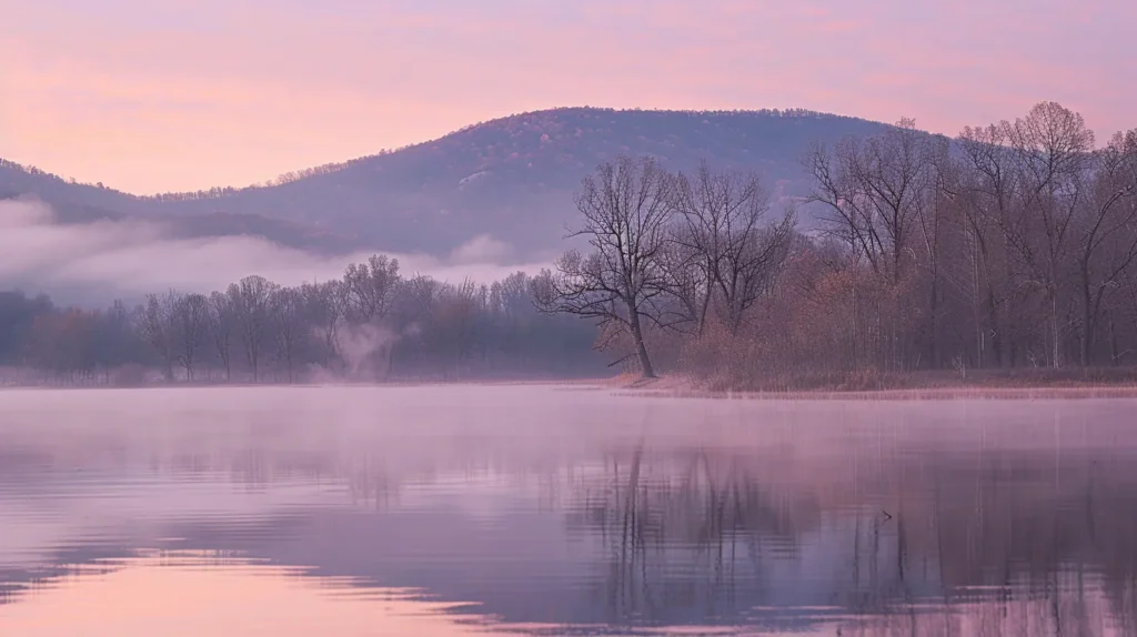 بحيرة هادئة عند الفجر مع ضباب خفيف، أشجار عارية على الضفة، وجبال في الخلفية تحت سماء وردية.