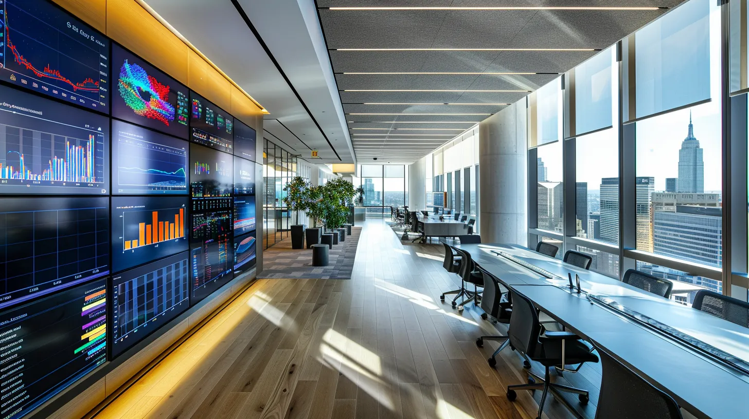 a sleek, modern office bursting with innovation showcases a large digital screen displaying vibrant data visualizations, complemented by contemporary workspaces and dynamic city views through expansive windows.