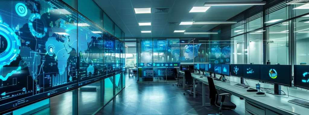 a sleek, modern office filled with vibrant digital displays showcasing automated seo analytics and ai-driven workflow diagrams, emphasizing the efficiency and productivity gains from using searchatlas's innovative tools.